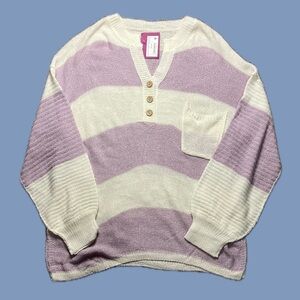 Striped Lavender and Cream V-Neck Sweater